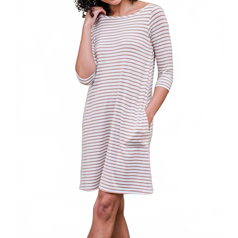 NEW YALA rita boatneck a-line bamboo dress with pockets in camel newport stripe
